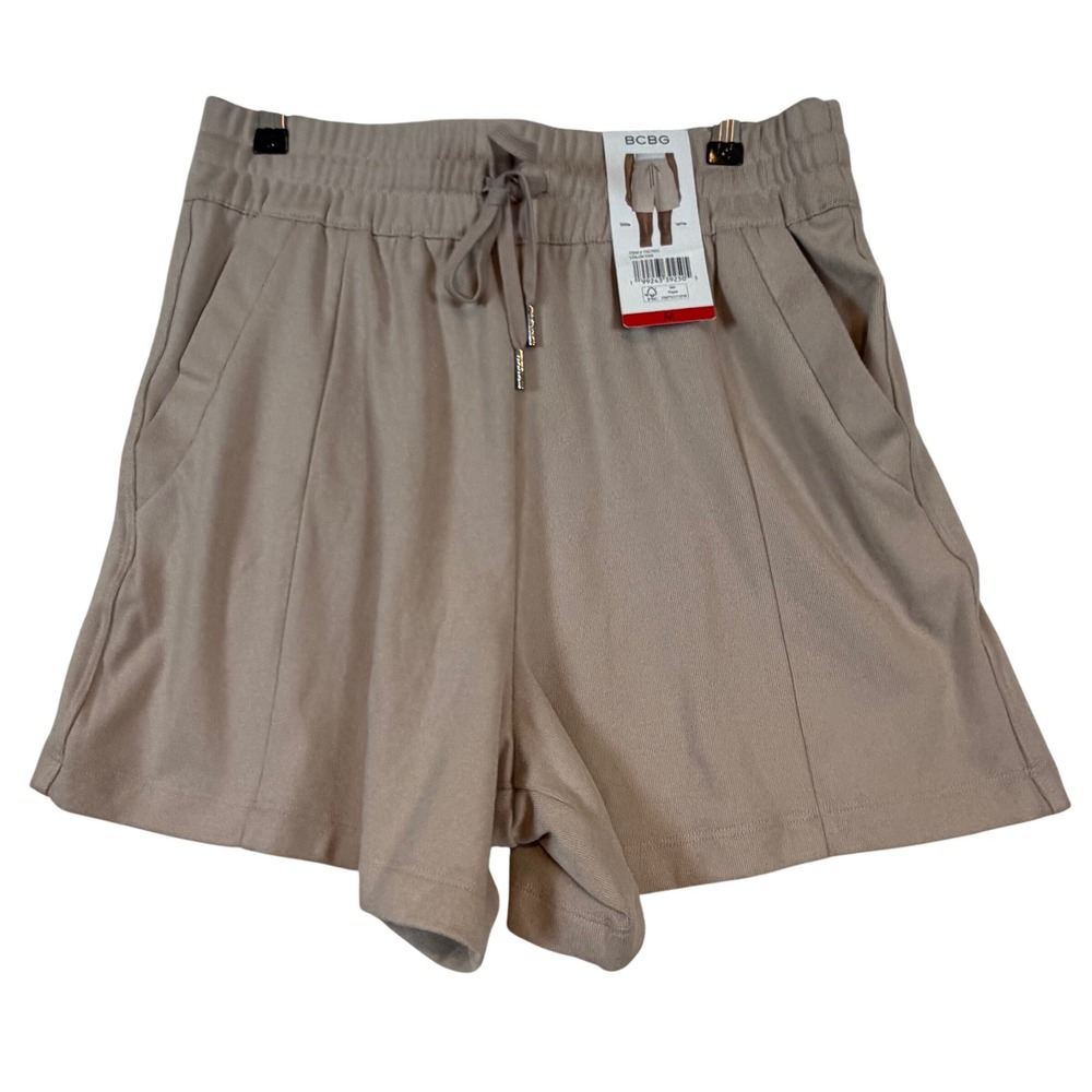 BCBG Womens Tan Ribbed Drawstring Shorts High Rise Pockets •M• Classic Chic Walk